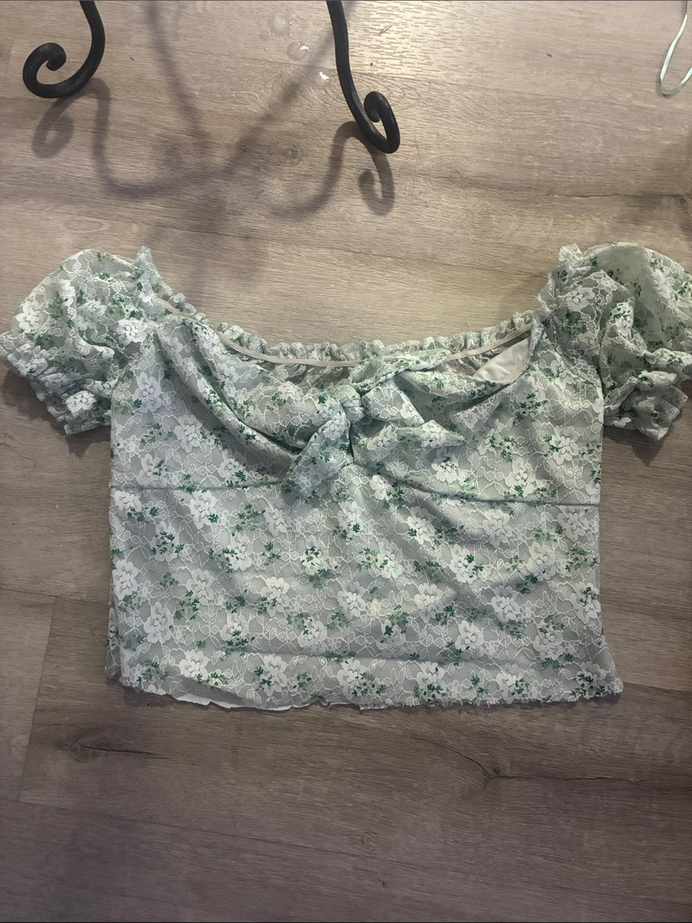 SHEIN Mint Green Floral Lace Off-Shoulder Crop Top